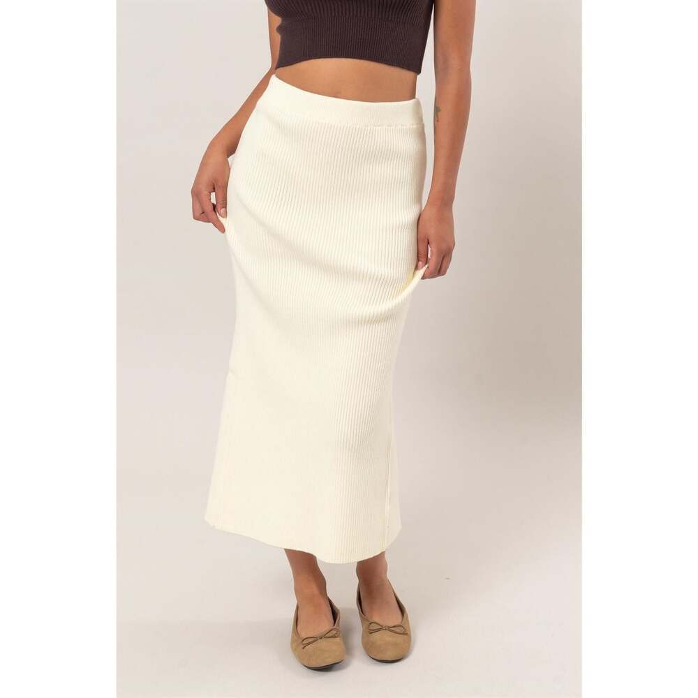 Rib-knit Midi Pencil Skirt in Cream